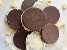 Load image into Gallery viewer, Dark Side of the Moon: Dark Chocolate Shortbread with White Chocolate Glaze (half-dozen)
